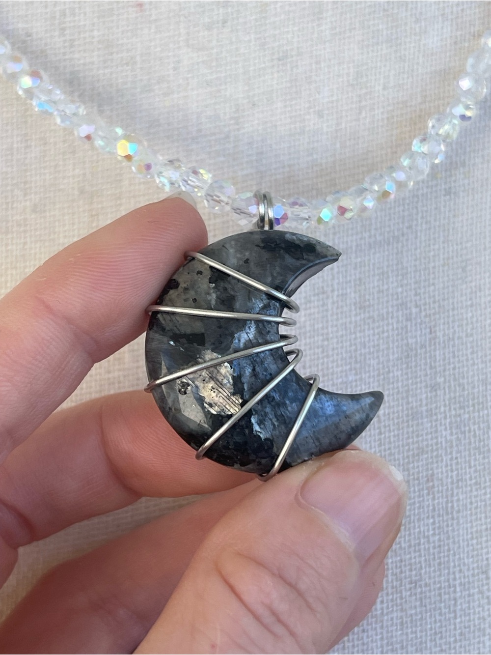 Larvikite Moon Necklace Stainless Steel Wire Wrap on White AB Glass Beaded Chain